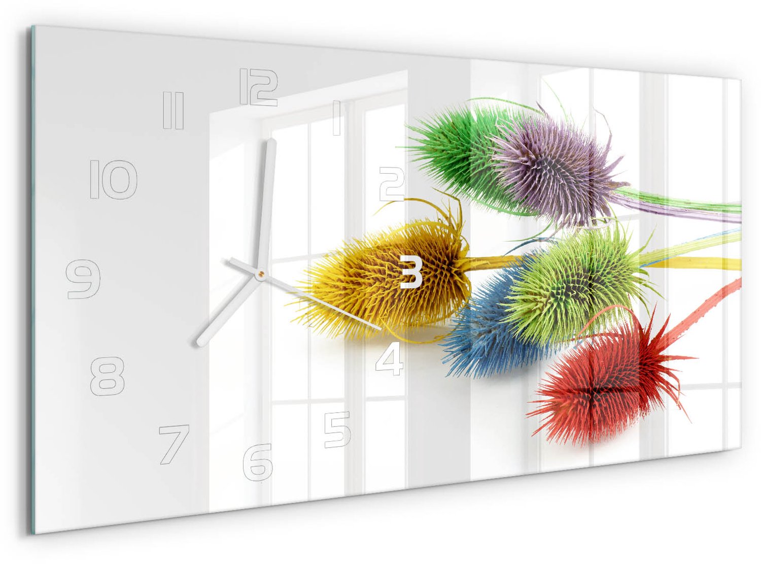 TULUP Wandklok - Distel Wandklok Glas Met Motief - 60x30 cm - Veelkleurig Decoratieve Glazen Klok - Witte handen - Rechthoekige Klok - Gekleurde Glazen Klok - Glazen Klok Met Print