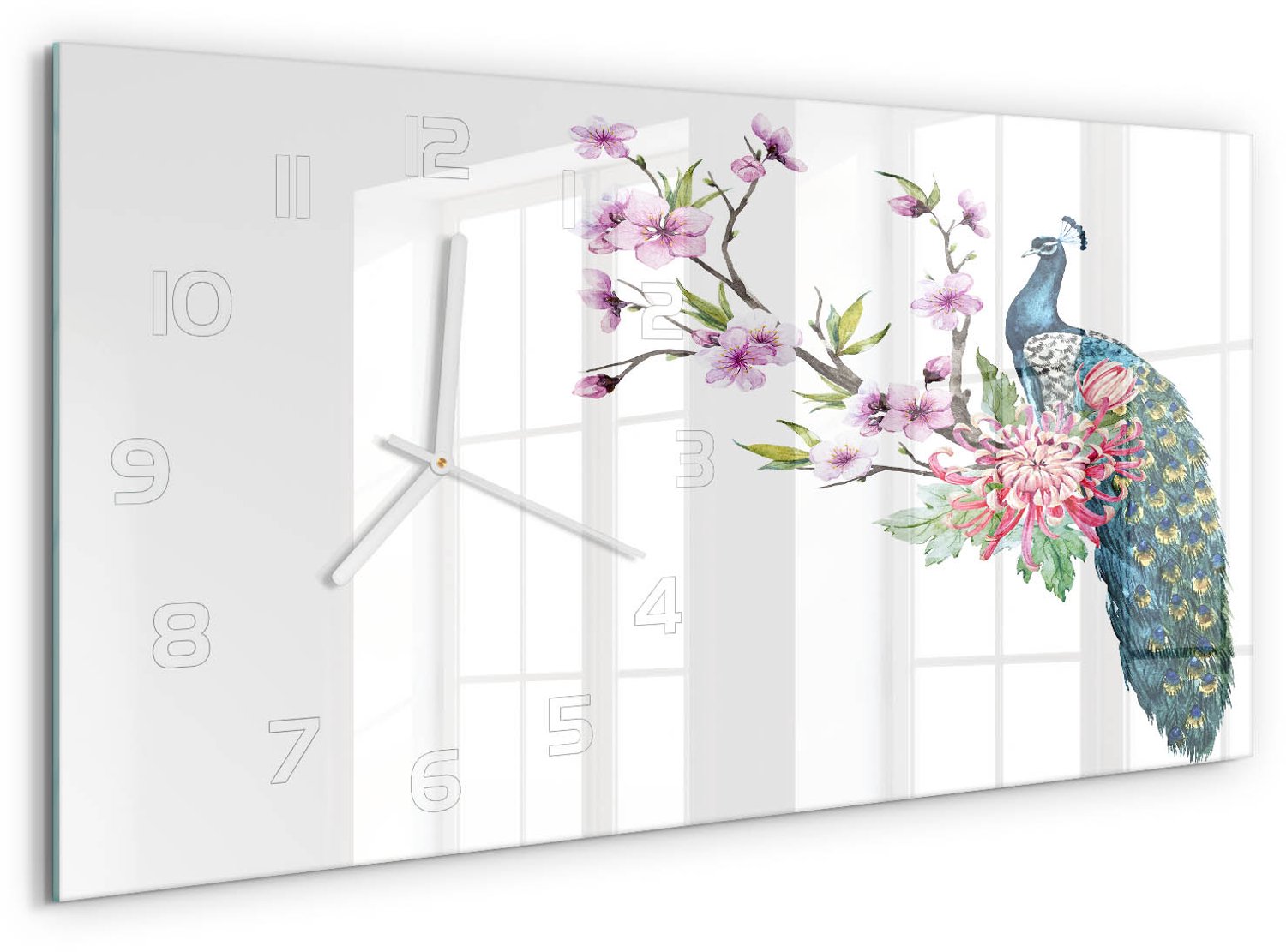 TULUP Wandklok - Pauw en bloemen Klok Glas Met Opdruk - 60x30 cm - Veelkleurig Moderne Wandklok Glas - Witte handen - Rechthoekige Klok - Decoratieve Glazen Klok - Glazen Wandklok Design