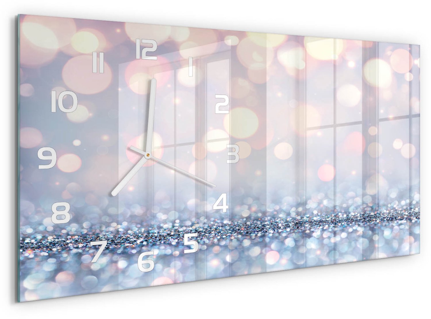 TULUP Wandklok - Glanzende achtergrond Wandklok Glas Met Motief - 60x30 cm - Zilver Decoratieve Glazen Klok - Witte handen - Rechthoekige Klok - Gekleurde Glazen Klok - Glazen Klok Met Print