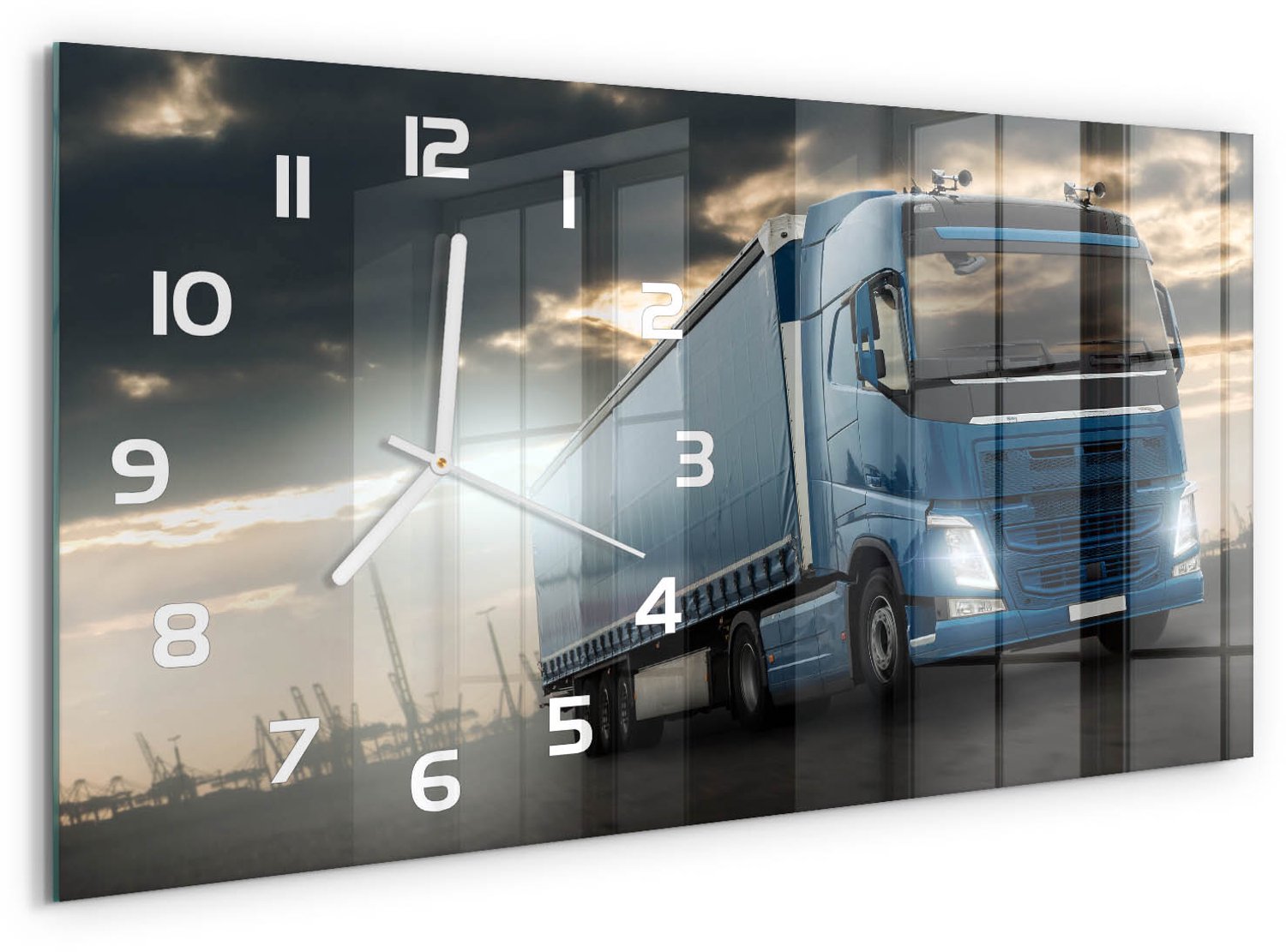TULUP Wandklok - Vrachtwagen Moderne Wandklok Glas - 60x30 cm - Blauw Wandklok Glas Decoratie - Witte handen - Rechthoekige Klok - Glazen Wandklok Design - Klok Glas Met Opdruk