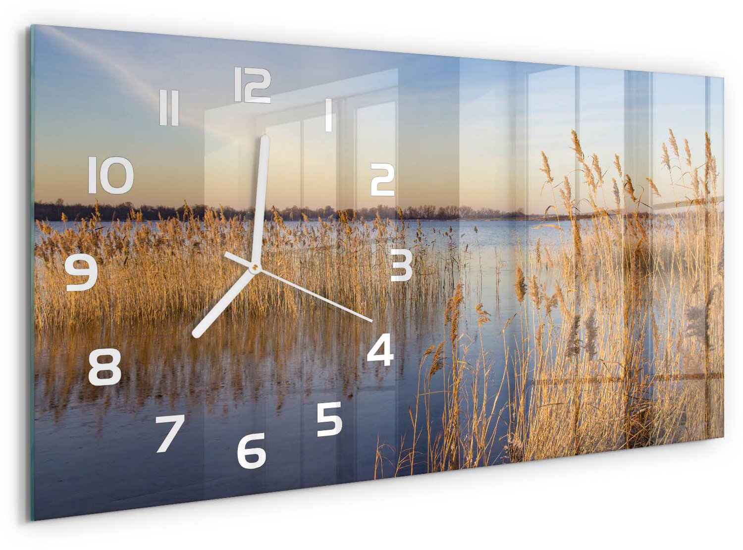TULUP Wandklok - Waterriet Wandklok Glas Decoratie - 60x30 cm - Beige Gekleurde Glazen Klok - Witte handen - Rechthoekige Klok - Klok Glas Met Opdruk - Moderne Wandklok Glas