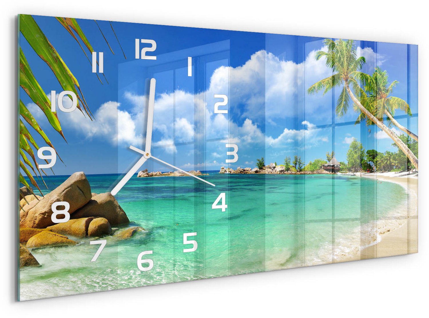TULUP Wandklok - strand op de Seychellen Glazen Klok Met Print - 60x30 cm - Blauw Wandklok Glas Met Motief - Witte handen - Rechthoekige Klok - Wandklok Glas Decoratie - Gekleurde Glazen Klok