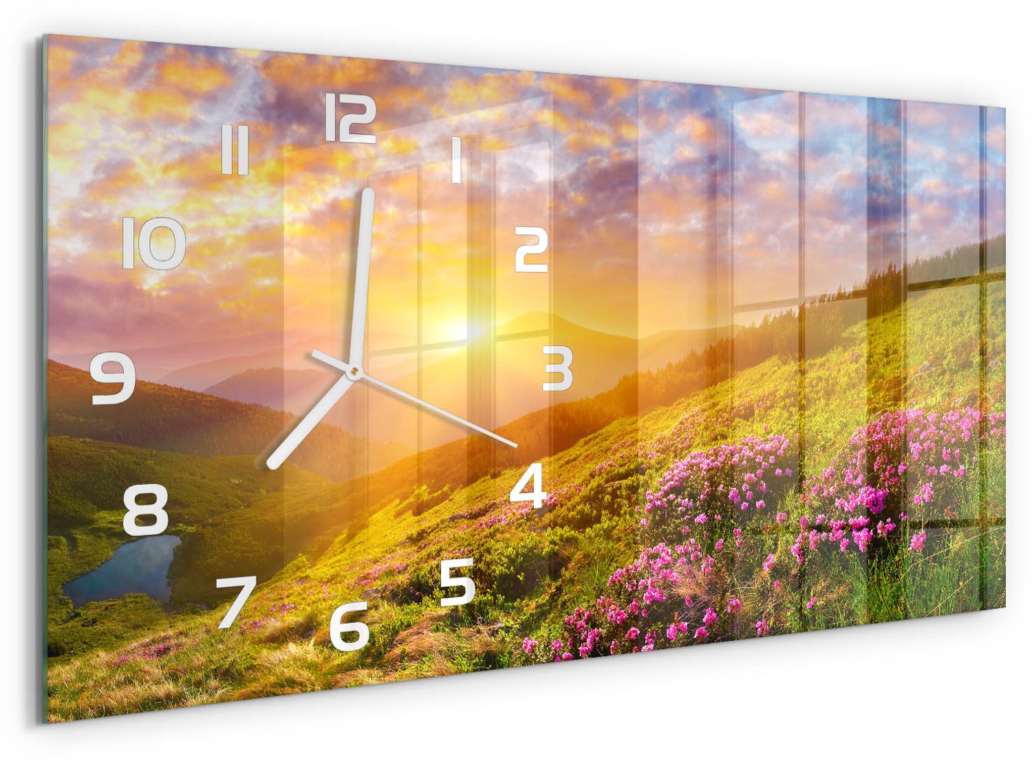 TULUP Wandklok - Bergen bij zonsondergang Decoratieve Glazen Klok - 60x30 cm - Veelkleurig Glazen Wandklok Design - Witte handen - Rechthoekige Klok - Glazen Klok Met Print - Wandklok Glas Met Motief
