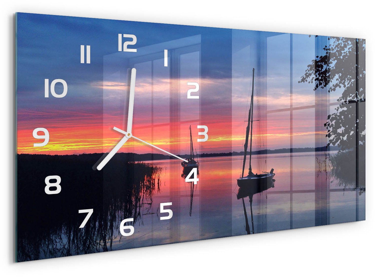 TULUP Wandklok - Zeilboten bij zonsondergang Klok Glas Met Opdruk - 60x30 cm - Oranje Moderne Wandklok Glas - Witte handen - Rechthoekige Klok - Decoratieve Glazen Klok - Glazen Wandklok Design