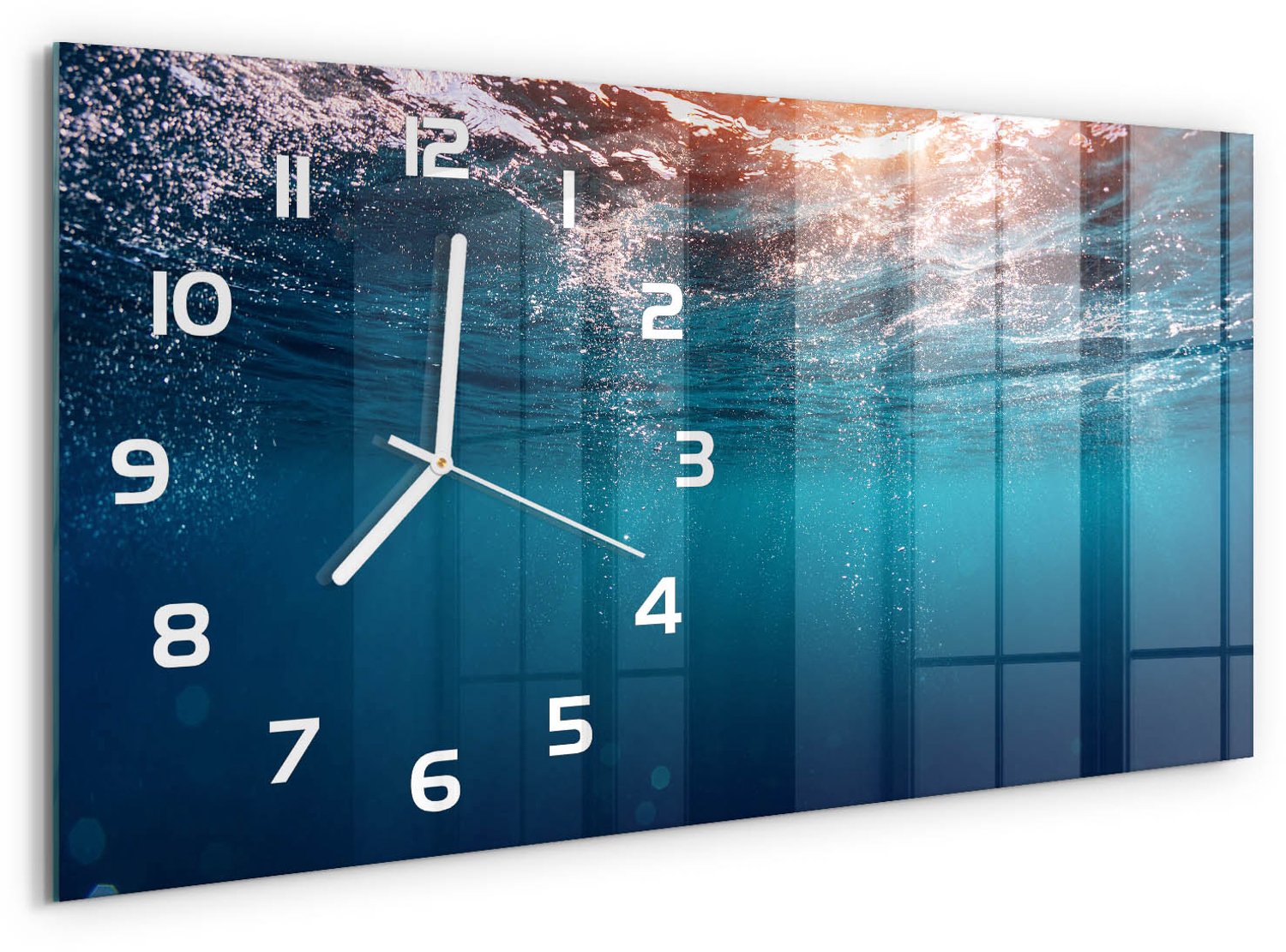 TULUP Wandklok - Onderwaterwereld Decoratieve Glazen Klok - 60x30 cm - Blauw Glazen Wandklok Design - Witte handen - Rechthoekige Klok - Glazen Klok Met Print - Wandklok Glas Met Motief