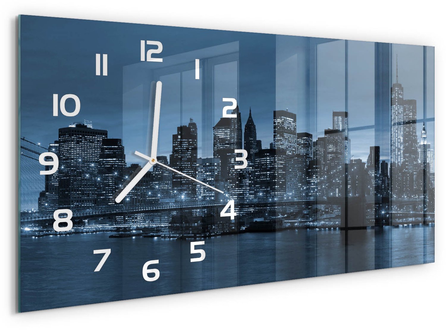 TULUP Wandklok - New York 's nachts Klok Glas Met Opdruk - 60x30 cm - Blauw Moderne Wandklok Glas - Witte handen - Rechthoekige Klok - Decoratieve Glazen Klok - Glazen Wandklok Design