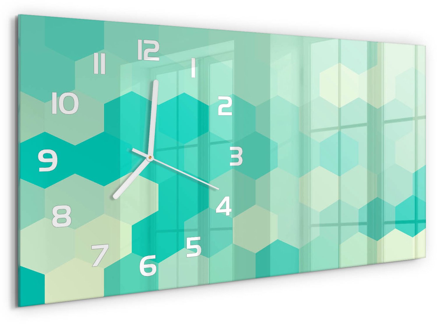 TULUP Wandklok - Geometrische achtergrond Glazen Wandklok Design - 60x30 cm - Groente Klok Glas Met Opdruk - Witte handen - Rechthoekige Klok - Wandklok Glas Met Motief - Decoratieve Glazen Klok