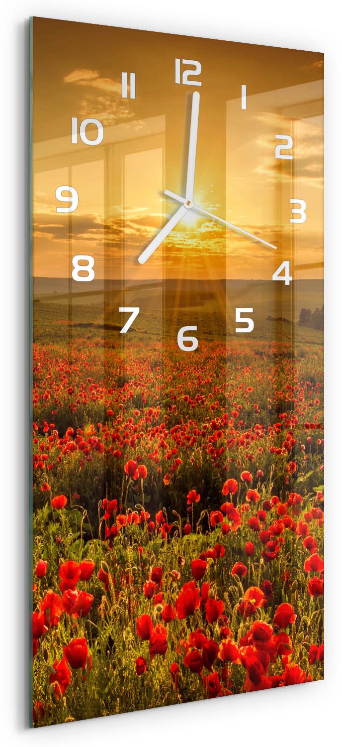Tulup Wandklok - Klaproosveld Glazen Klok Met Print - 30x60 cm - Rood Wandklok Glas Met Motief - Witte handen - Rechthoekige Klok - Wandklok Glas Decoratie - Gekleurde Glazen Klok