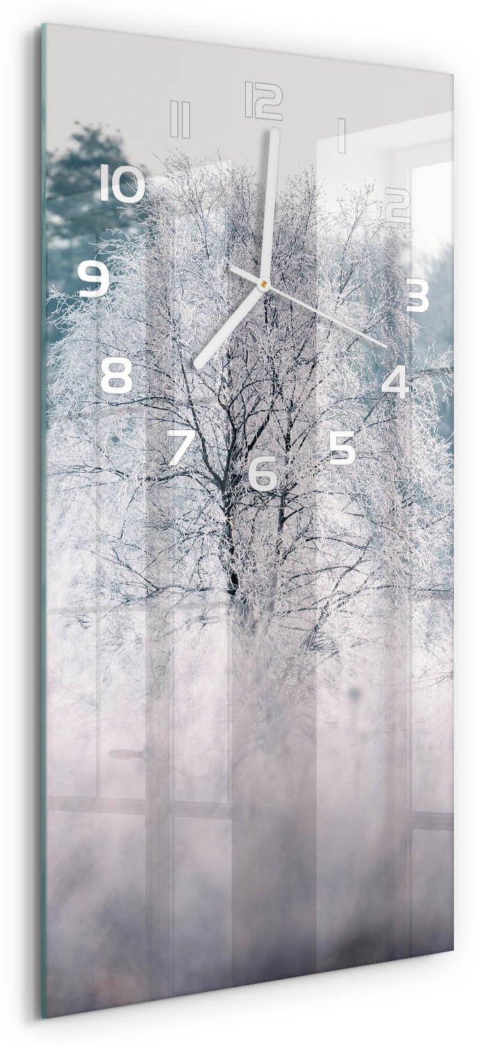 Tulup Wandklok - Winterbomen Wandklok Glas Decoratie - 30x60 cm - Grijs Gekleurde Glazen Klok - Witte handen - Rechthoekige Klok - Klok Glas Met Opdruk - Moderne Wandklok Glas