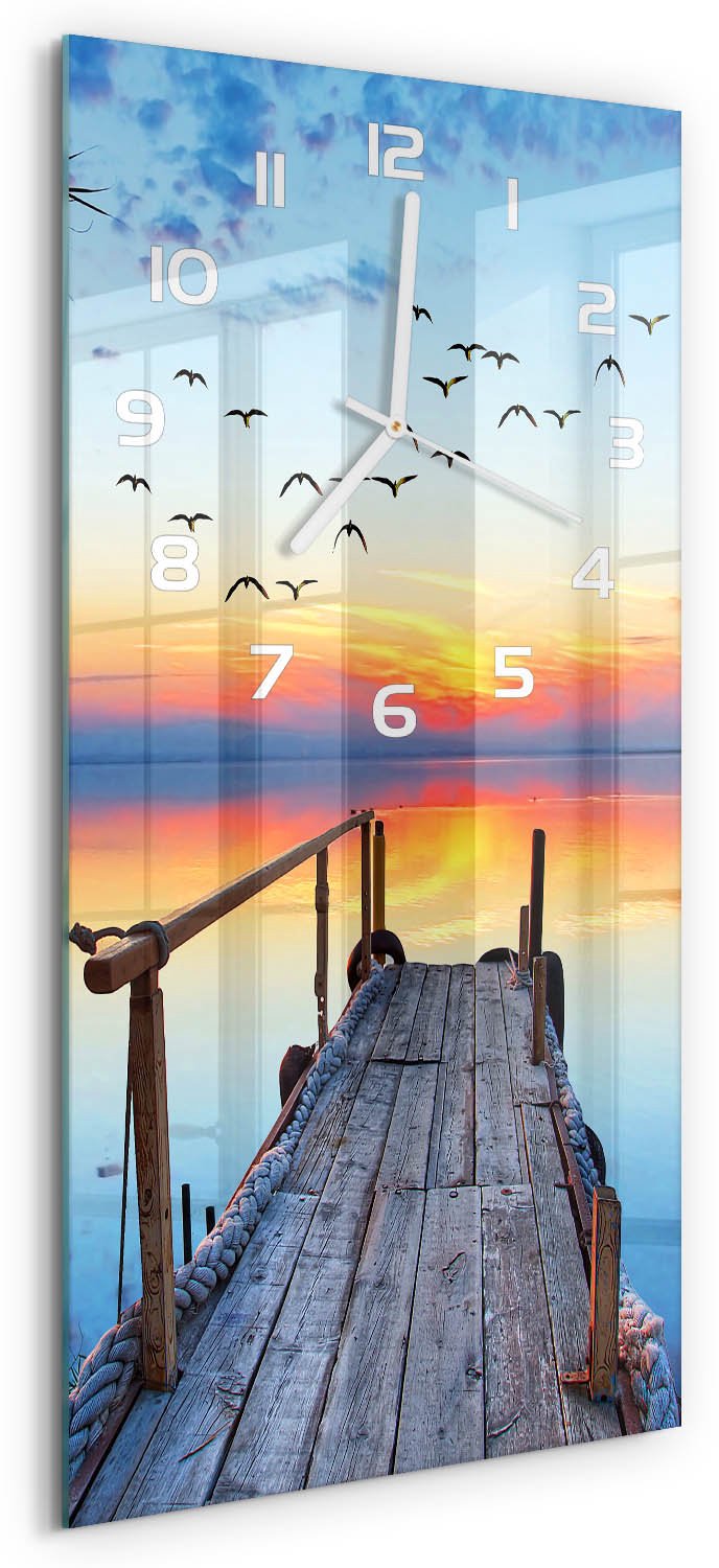 Tulup Wandklok - Houten brug Moderne Wandklok Glas - 30x60 cm - Oranje Wandklok Glas Decoratie - Witte handen - Rechthoekige Klok - Glazen Wandklok Design - Klok Glas Met Opdruk