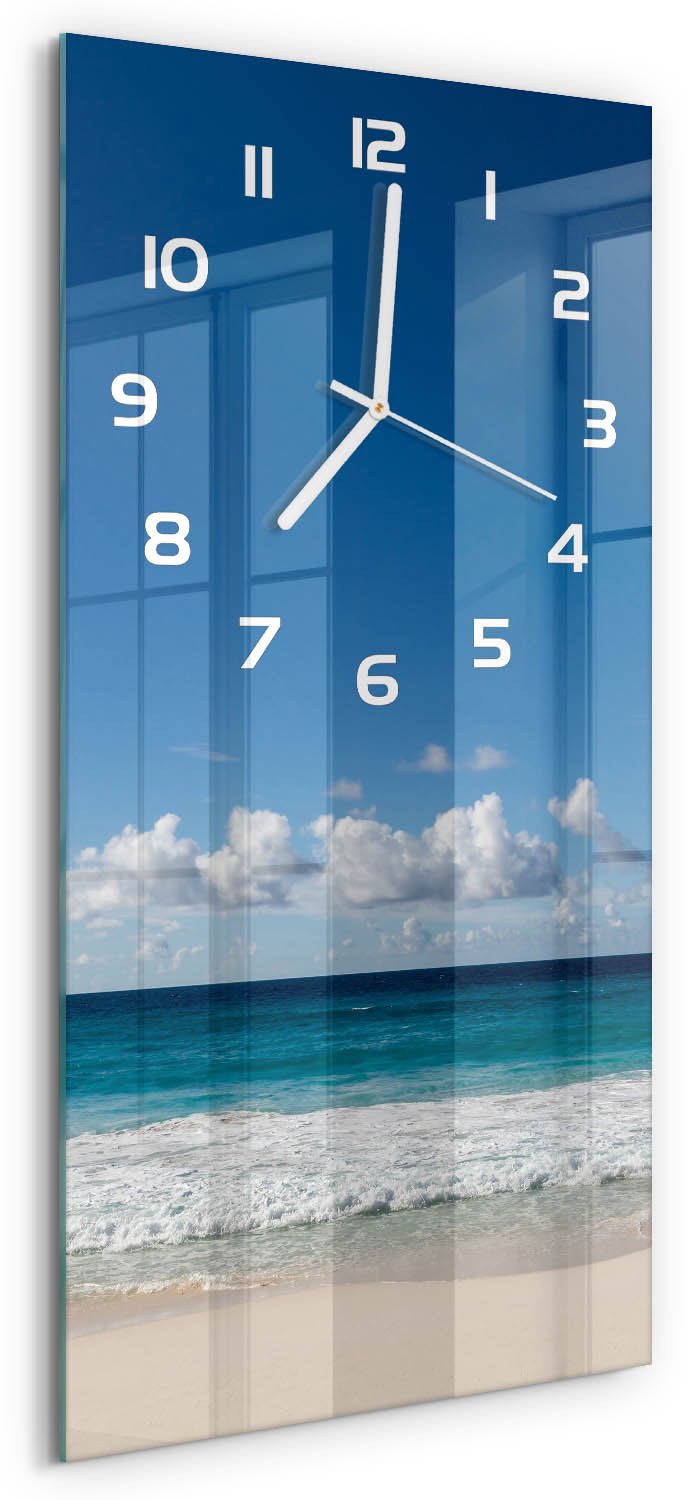 Tulup Wandklok - strand op de Seychellen Klok Glas Met Opdruk - 30x60 cm - Blauw Moderne Wandklok Glas - Witte handen - Rechthoekige Klok - Decoratieve Glazen Klok - Glazen Wandklok Design
