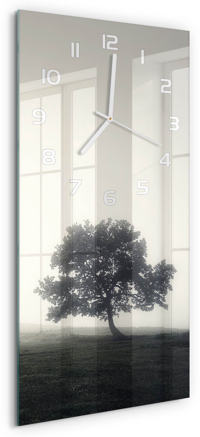 Tulup Wandklok - Eenzame boom Klok Glas Met Opdruk - 30x60 cm - Grijs Moderne Wandklok Glas - Witte handen - Rechthoekige Klok - Decoratieve Glazen Klok - Glazen Wandklok Design