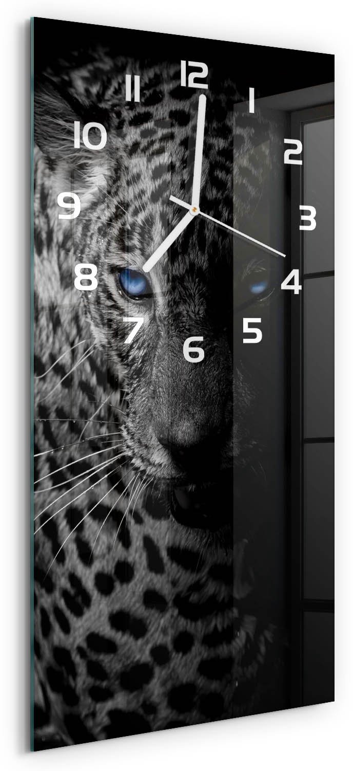 Tulup Wandklok - Luipaard Klok Glas Met Opdruk - 30x60 cm - Zwart Moderne Wandklok Glas - Witte handen - Rechthoekige Klok - Decoratieve Glazen Klok - Glazen Wandklok Design