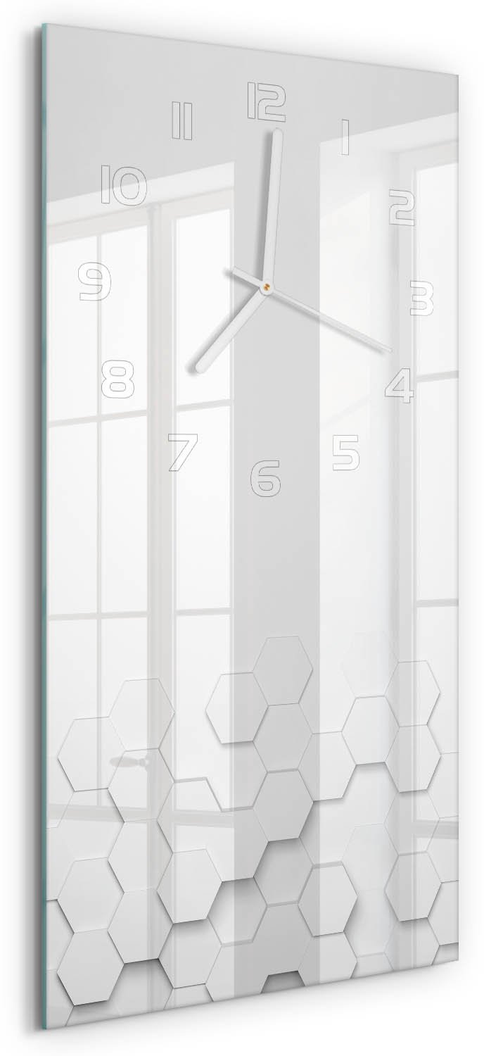 Tulup Wandklok - Zeshoekige achtergrond Glazen Wandklok Design - 30x60 cm - Wit Klok Glas Met Opdruk - Witte handen - Rechthoekige Klok - Wandklok Glas Met Motief - Decoratieve Glazen Klok