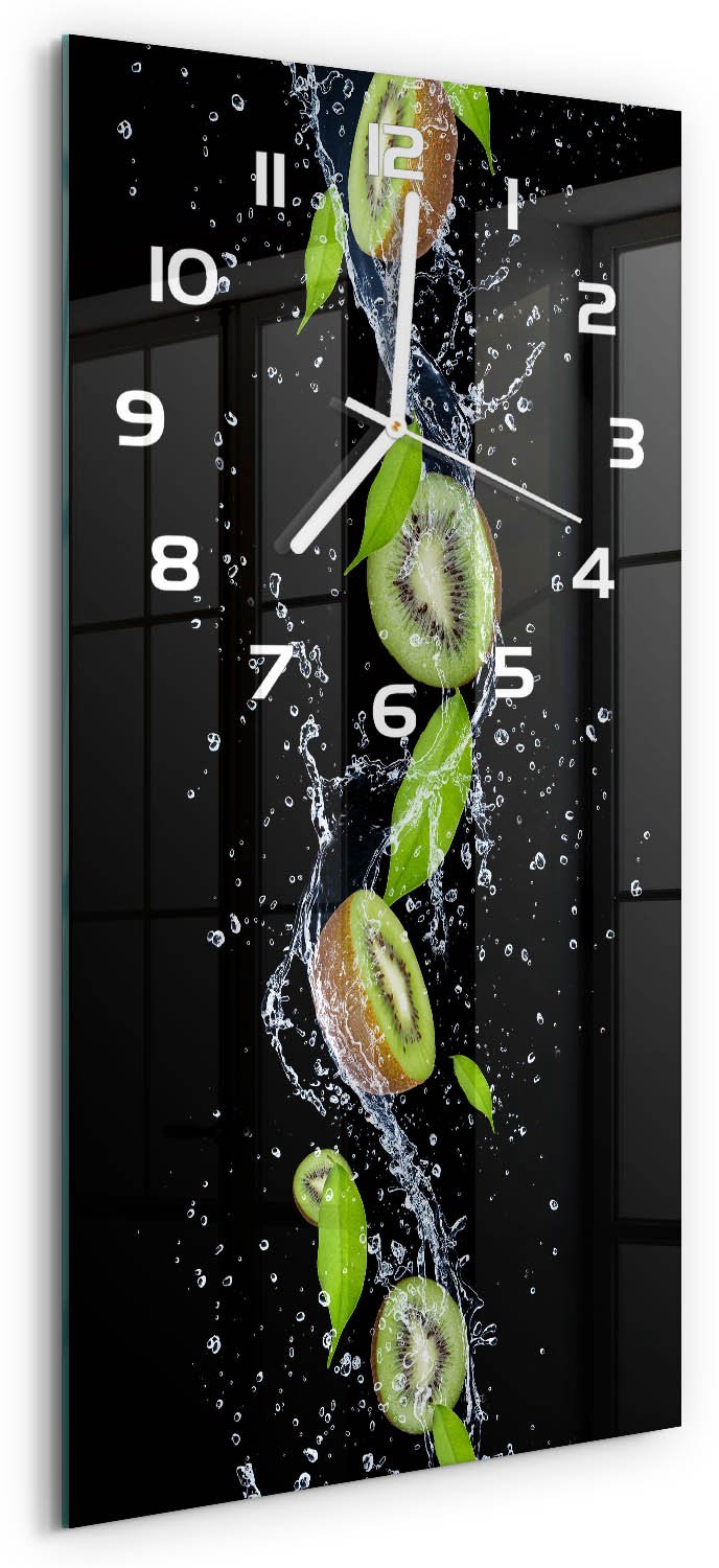 Tulup Wandklok - Kiwi en water Moderne Wandklok Glas - 30x60 cm - Groente Wandklok Glas Decoratie - Witte handen - Rechthoekige Klok - Glazen Wandklok Design - Klok Glas Met Opdruk