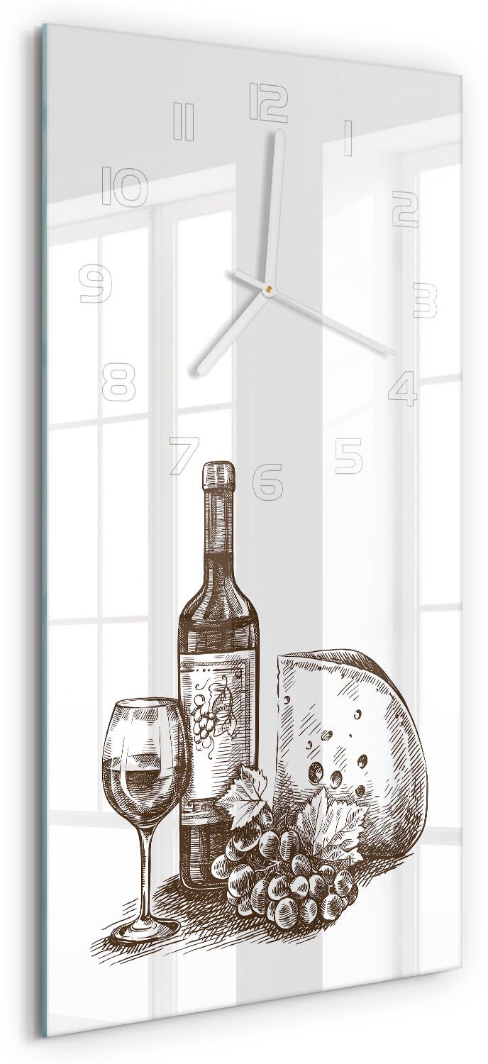Tulup Wandklok - Wijn en hapjes Wandklok Glas Decoratie - 30x60 cm - Zwart-wit Gekleurde Glazen Klok - Witte handen - Rechthoekige Klok - Klok Glas Met Opdruk - Moderne Wandklok Glas