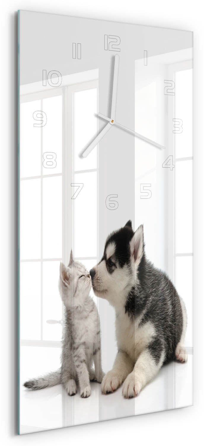 Tulup Wandklok - Hond en kat Moderne Wandklok Glas - 30x60 cm - Zwart Wandklok Glas Decoratie - Witte handen - Rechthoekige Klok - Glazen Wandklok Design - Klok Glas Met Opdruk