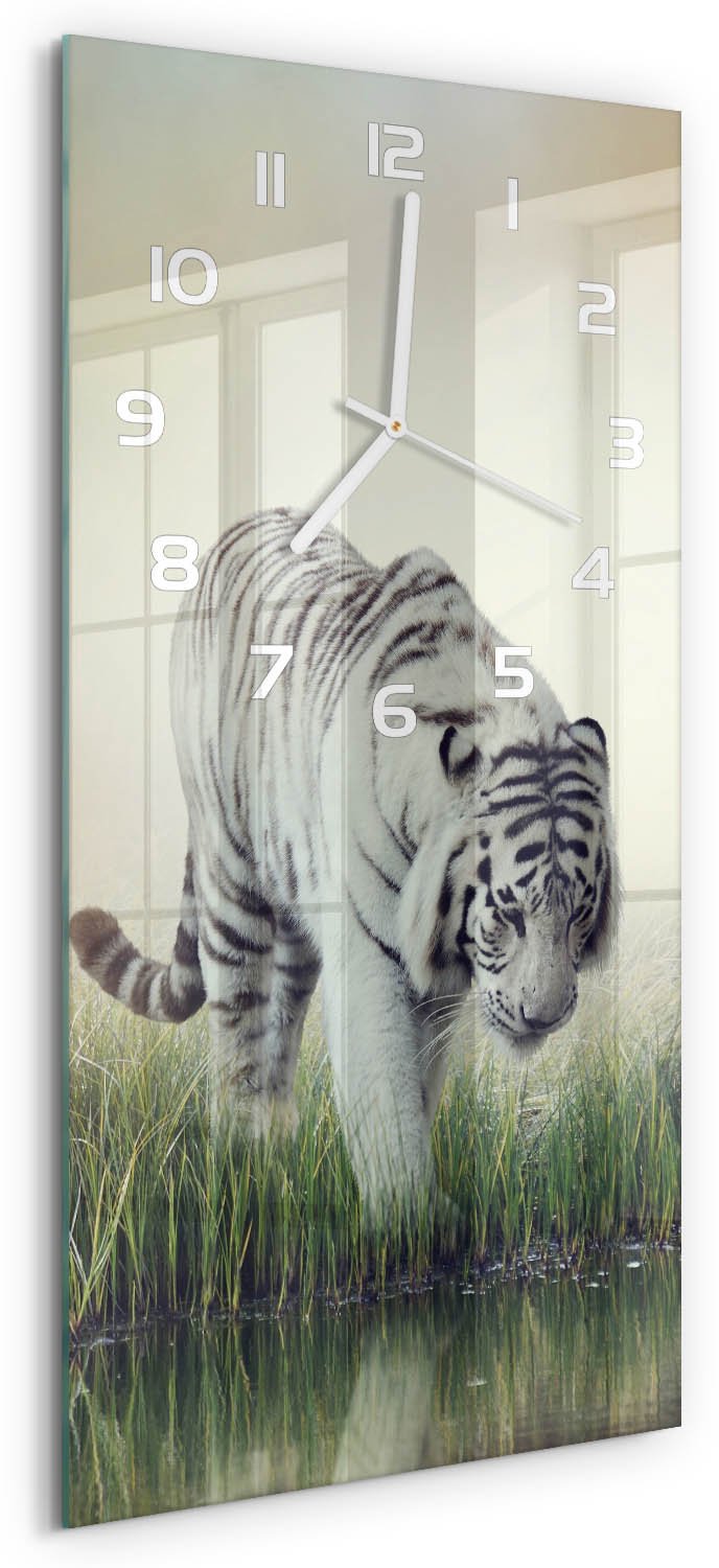 Tulup Wandklok - Witte Tijger Wandklok Glas Decoratie - 30x60 cm - Wit Gekleurde Glazen Klok - Witte handen - Rechthoekige Klok - Klok Glas Met Opdruk - Moderne Wandklok Glas