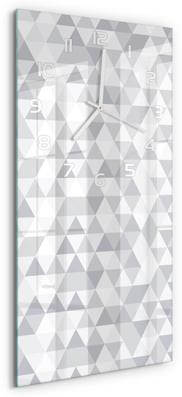 Tulup Wandklok - Grijze driehoeken Wandklok Glas Met Motief - 30x60 cm - Grijs Decoratieve Glazen Klok - Witte handen - Rechthoekige Klok - Gekleurde Glazen Klok - Glazen Klok Met Print