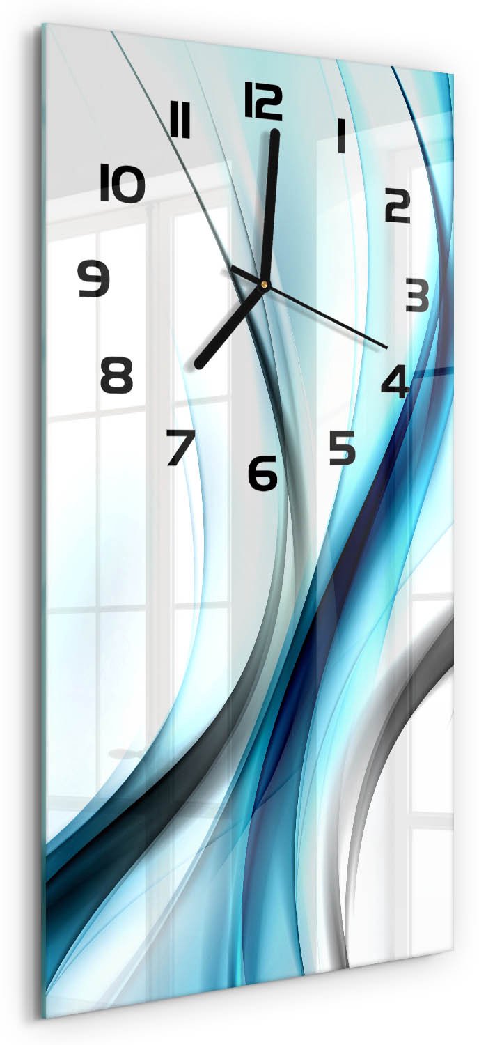Tulup Wandklok - Golfabstractie Klok Glas Met Opdruk - 30x60 cm - Blauw Moderne Wandklok Glas - Zwarte handen - Rechthoekige Klok - Decoratieve Glazen Klok - Glazen Wandklok Design