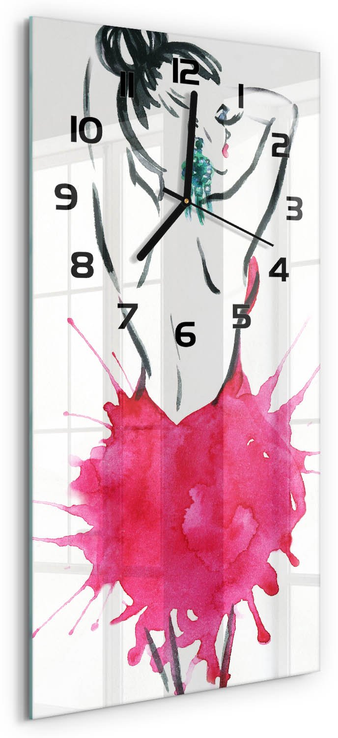 Tulup Wandklok - Mode-illustratie Decoratieve Glazen Klok - 30x60 cm - Roze Glazen Wandklok Design - Zwarte handen - Rechthoekige Klok - Glazen Klok Met Print - Wandklok Glas Met Motief