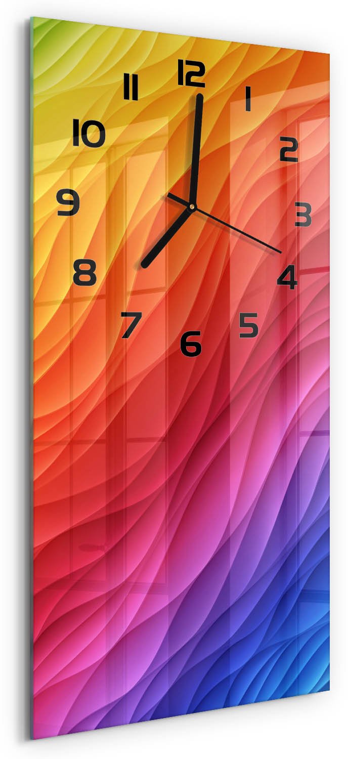 Tulup Wandklok - Kleurrijke golven Glazen Klok Met Print - 30x60 cm - Veelkleurig Wandklok Glas Met Motief - Zwarte handen - Rechthoekige Klok - Wandklok Glas Decoratie - Gekleurde Glazen Klok