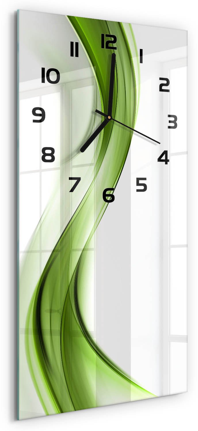 Tulup Wandklok - Groene golf Decoratieve Glazen Klok - 30x60 cm - Groente Glazen Wandklok Design - Zwarte handen - Rechthoekige Klok - Glazen Klok Met Print - Wandklok Glas Met Motief