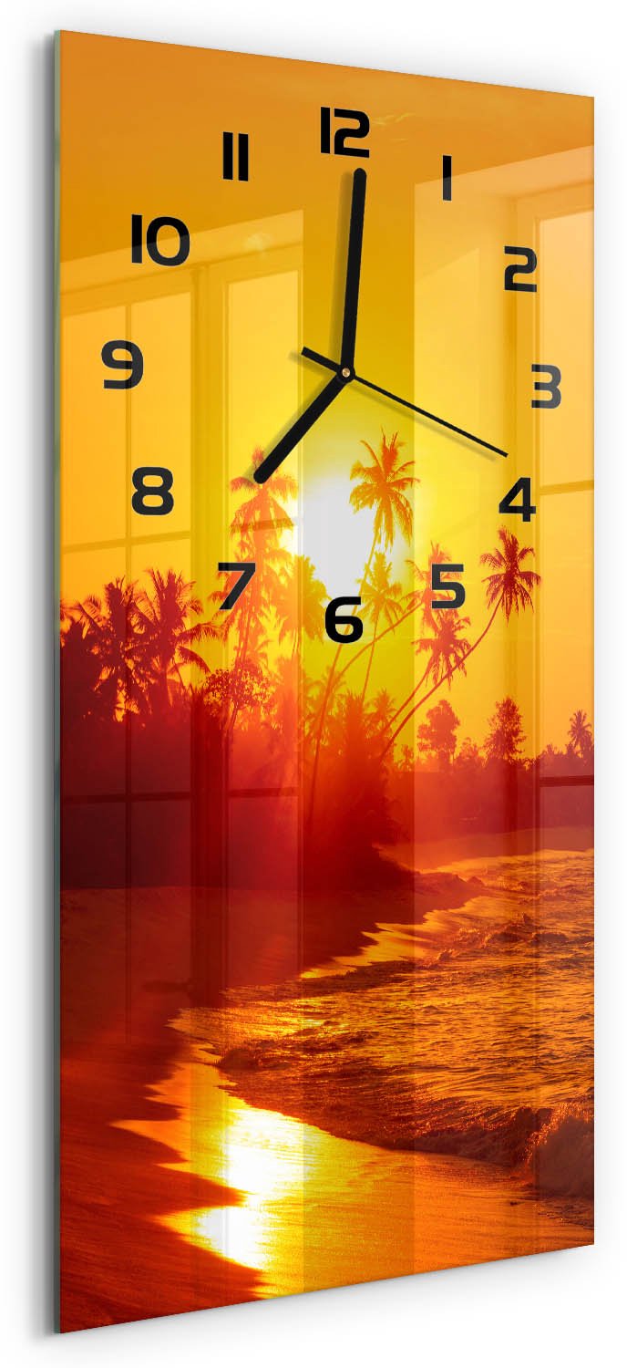 Tulup Wandklok - Tropisch strand Moderne Wandklok Glas - 30x60 cm - Oranje Wandklok Glas Decoratie - Zwarte handen - Rechthoekige Klok - Glazen Wandklok Design - Klok Glas Met Opdruk