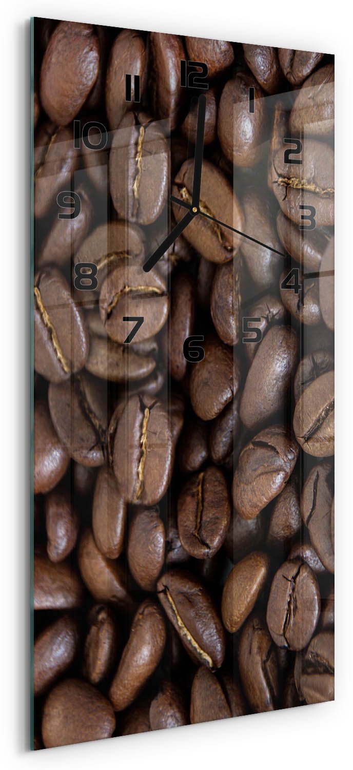Tulup Wandklok - Koffiebonen Wandklok Glas Decoratie - 30x60 cm - Bruin Gekleurde Glazen Klok - Zwarte handen - Rechthoekige Klok - Klok Glas Met Opdruk - Moderne Wandklok Glas
