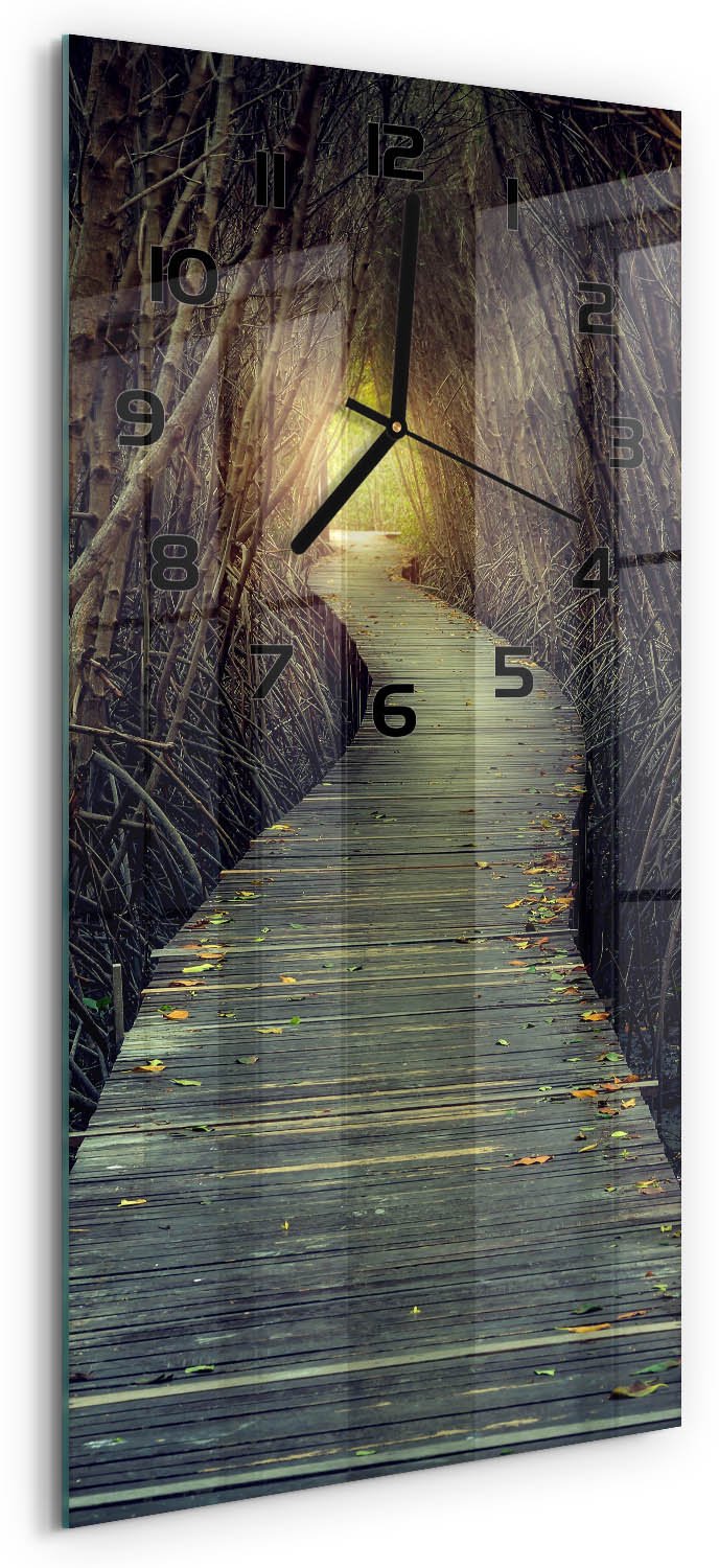 Tulup Wandklok - Pad in het bos Wandklok Glas Met Motief - 30x60 cm - Bruin Decoratieve Glazen Klok - Zwarte handen - Rechthoekige Klok - Gekleurde Glazen Klok - Glazen Klok Met Print