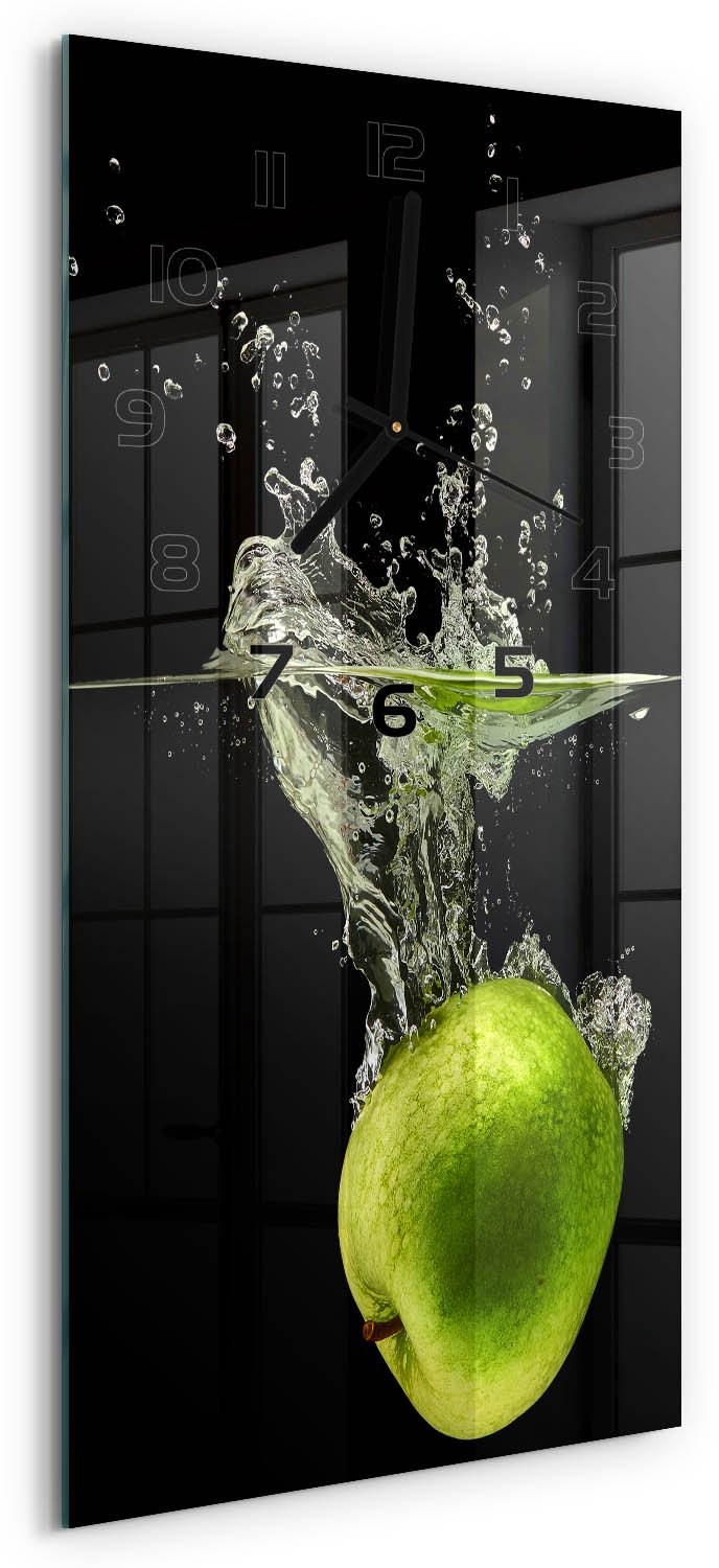 Tulup Wandklok - Groene appels Gekleurde Glazen Klok - 30x60 cm - Groente Glazen Klok Met Print - Zwarte handen - Rechthoekige Klok - Moderne Wandklok Glas - Wandklok Glas Decoratie