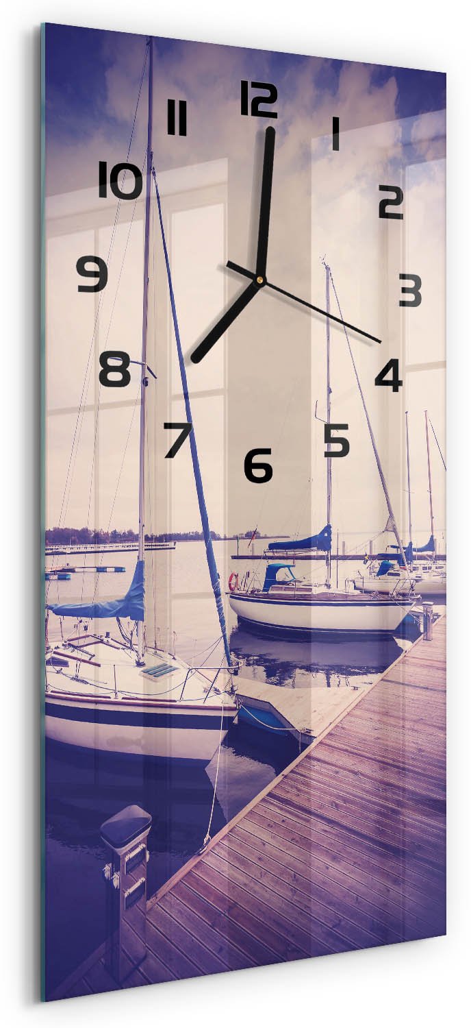 Tulup Wandklok - Jachten Decoratieve Glazen Klok - 30x60 cm - Blauw Glazen Wandklok Design - Zwarte handen - Rechthoekige Klok - Glazen Klok Met Print - Wandklok Glas Met Motief