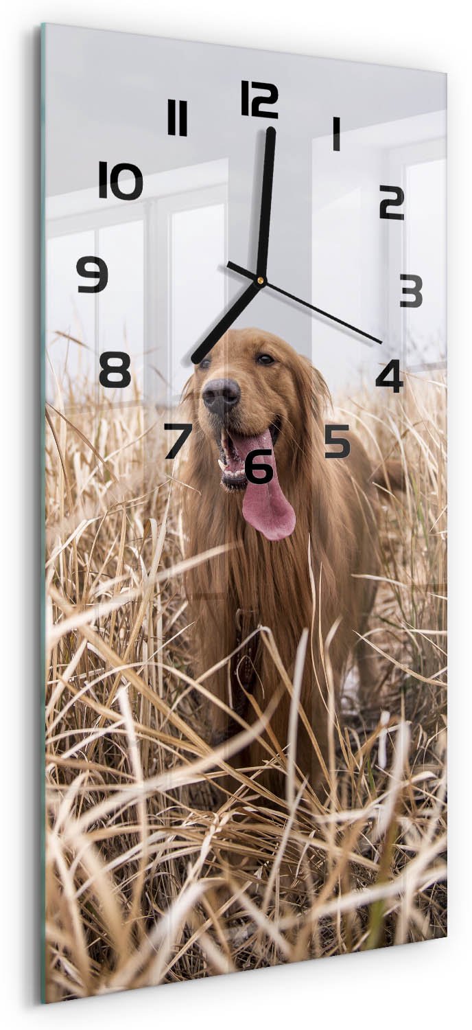 Tulup Wandklok - Gouden Retriever Decoratieve Glazen Klok - 30x60 cm - Beige Glazen Wandklok Design - Zwarte handen - Rechthoekige Klok - Glazen Klok Met Print - Wandklok Glas Met Motief