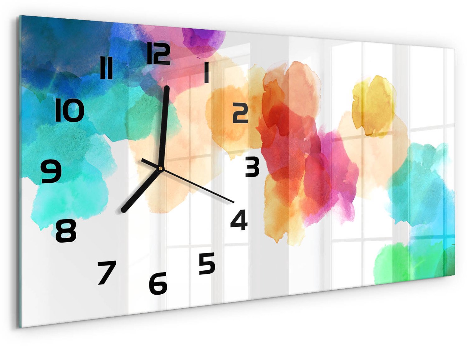 TULUP Wandklok - Kleurrijke vlekken Moderne Wandklok Glas - 60x30 cm - Veelkleurig Wandklok Glas Decoratie - Zwarte handen - Rechthoekige Klok - Glazen Wandklok Design - Klok Glas Met Opdruk