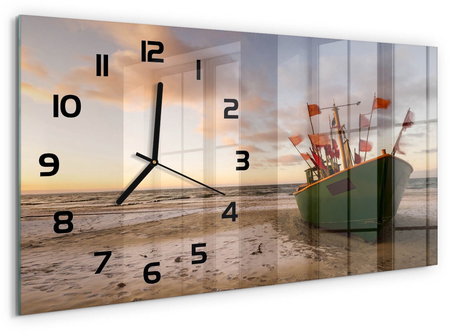 TULUP Wandklok - Strand met vissersboten Gekleurde Glazen Klok - 60x30 cm - Groente Glazen Klok Met Print - Zwarte handen - Rechthoekige Klok - Moderne Wandklok Glas - Wandklok Glas Decoratie