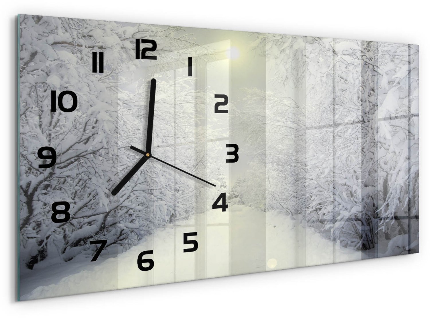 TULUP Wandklok - Winterbos Glazen Klok Met Print - 60x30 cm - Wit Wandklok Glas Met Motief - Zwarte handen - Rechthoekige Klok - Wandklok Glas Decoratie - Gekleurde Glazen Klok