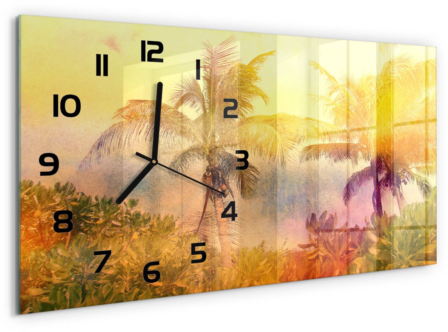 TULUP Wandklok - Kleurrijke palmbomen Gekleurde Glazen Klok - 60x30 cm - Geel Glazen Klok Met Print - Zwarte handen - Rechthoekige Klok - Moderne Wandklok Glas - Wandklok Glas Decoratie