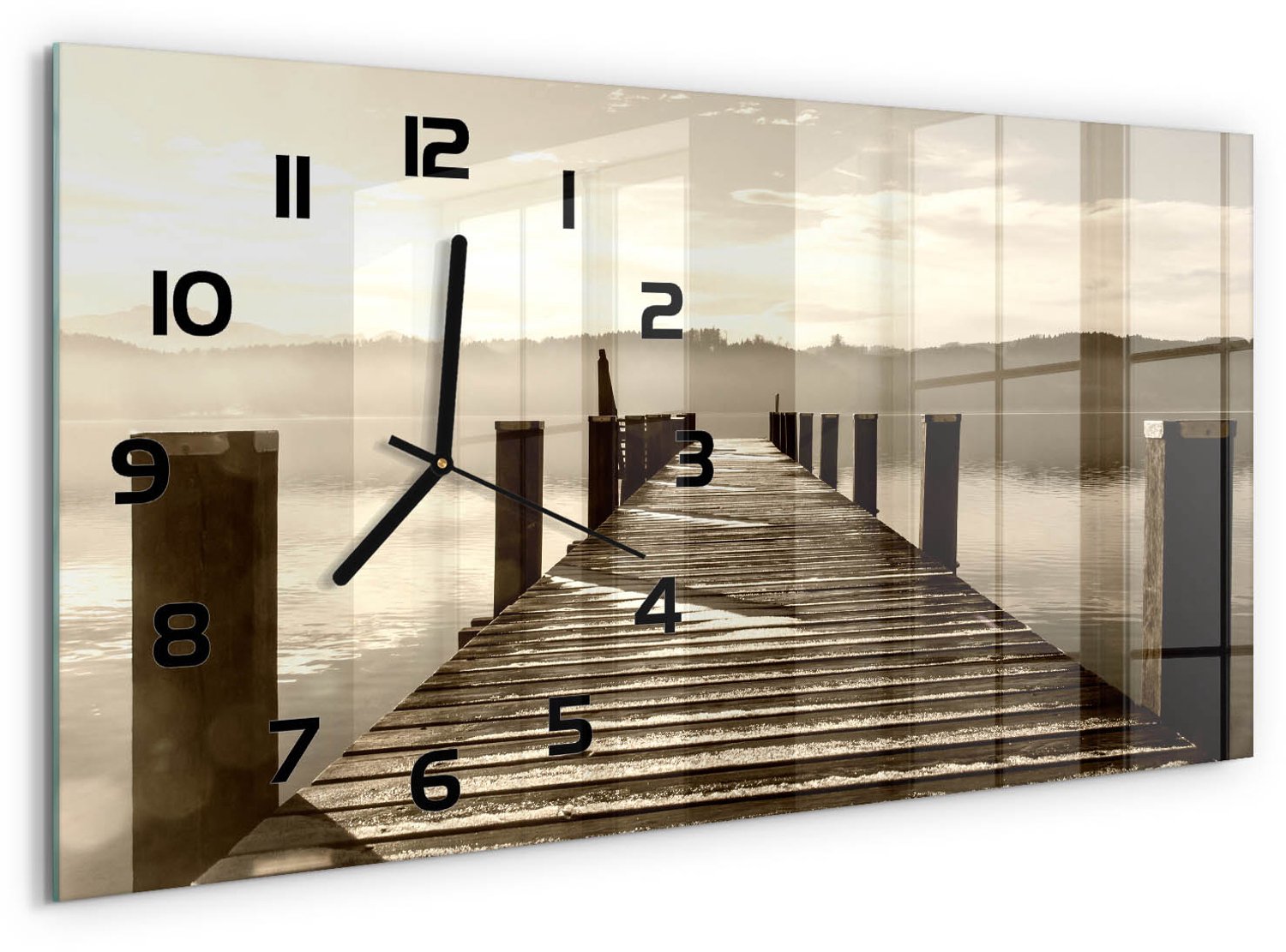TULUP Wandklok - Houten brug Wandklok Glas Decoratie - 60x30 cm - Bruin Gekleurde Glazen Klok - Zwarte handen - Rechthoekige Klok - Klok Glas Met Opdruk - Moderne Wandklok Glas