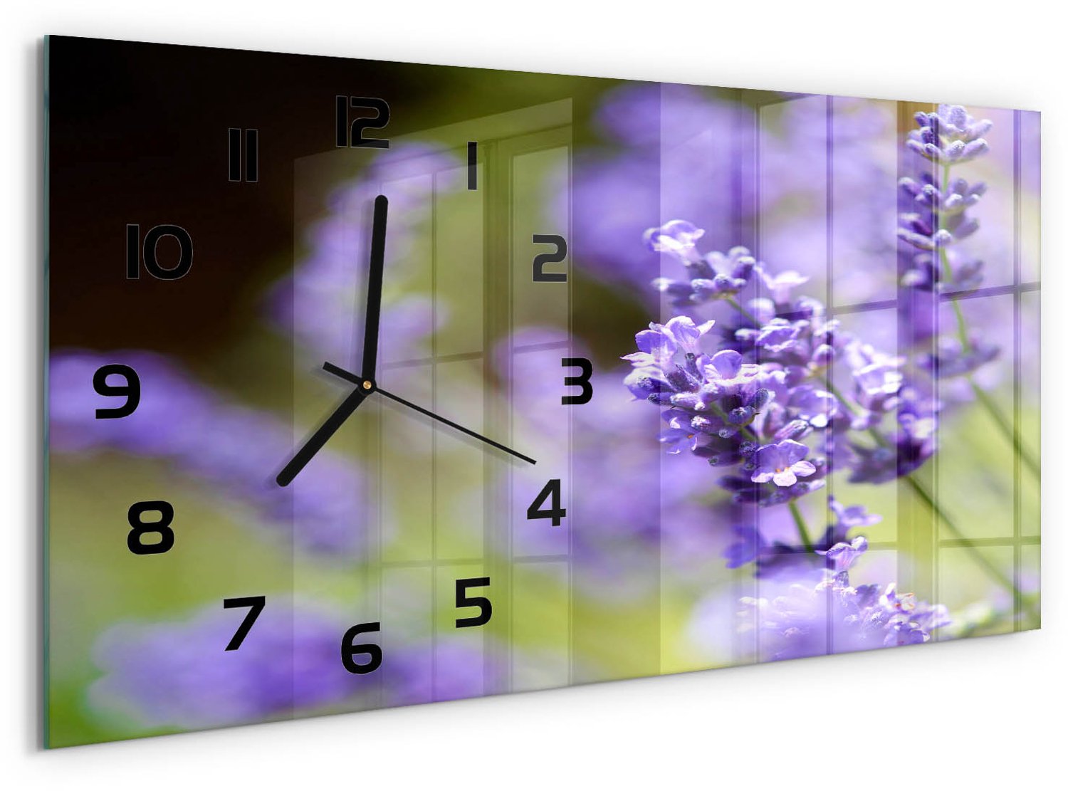 TULUP Wandklok - Lavendel Wandklok Glas Met Motief - 60x30 cm - Paars Decoratieve Glazen Klok - Zwarte handen - Rechthoekige Klok - Gekleurde Glazen Klok - Glazen Klok Met Print