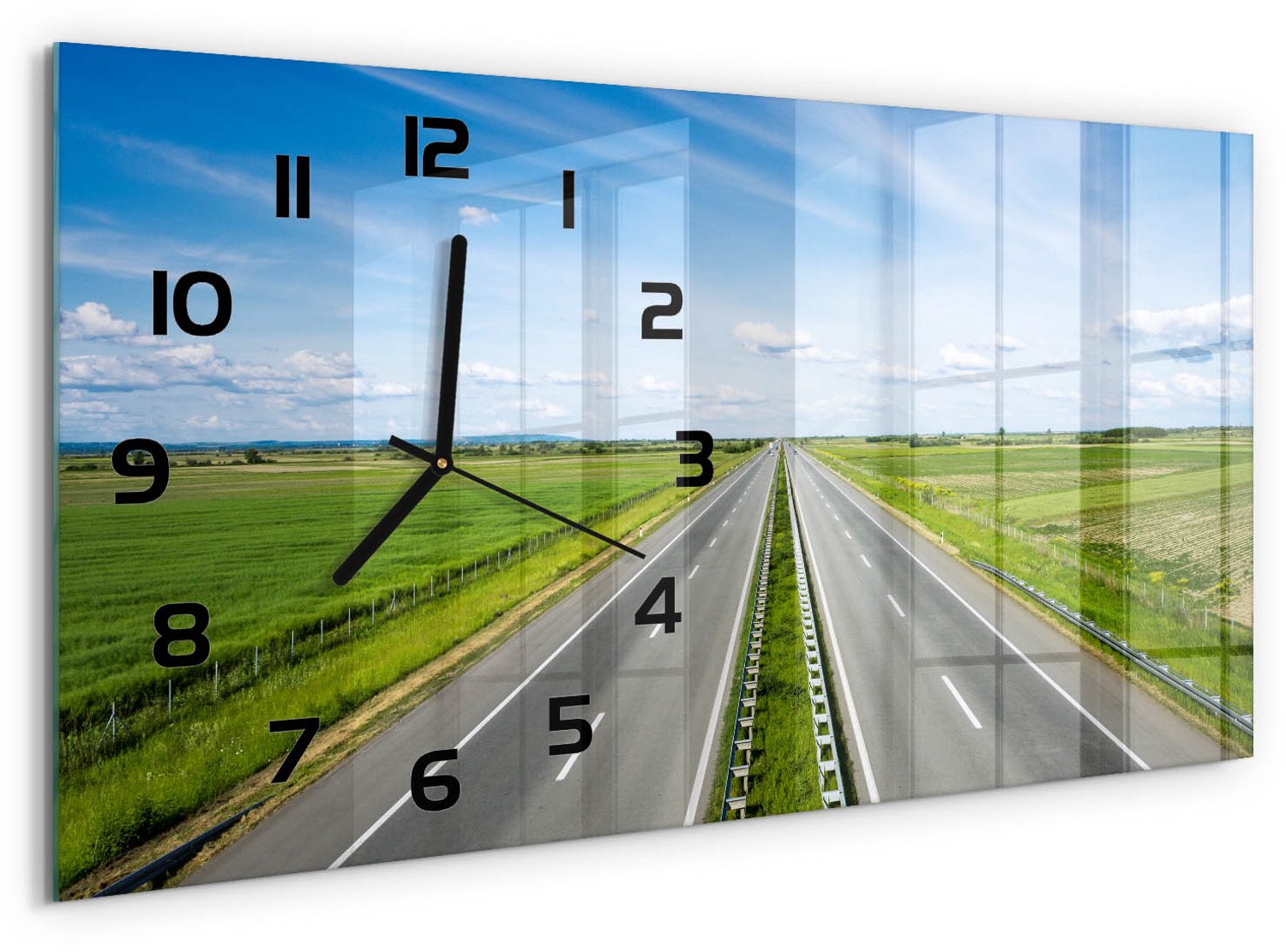 TULUP Wandklok - Snelweg Glazen Klok Met Print - 60x30 cm - Groente Wandklok Glas Met Motief - Zwarte handen - Rechthoekige Klok - Wandklok Glas Decoratie - Gekleurde Glazen Klok