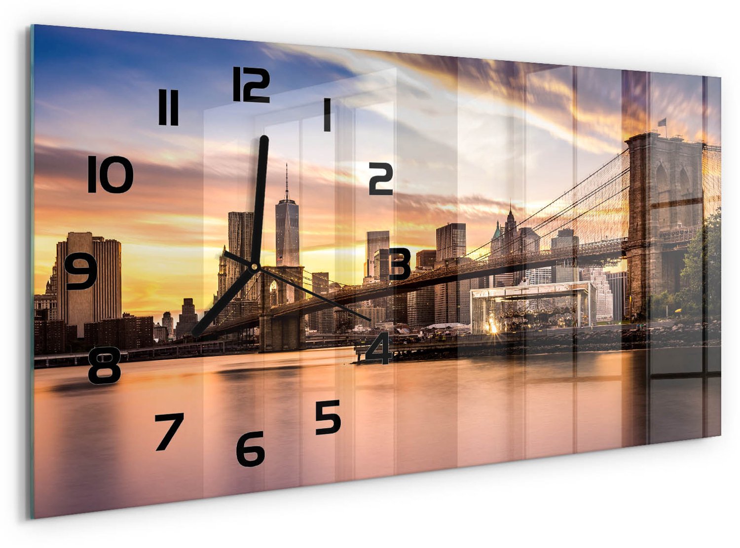 TULUP Wandklok - Brooklynbrug Moderne Wandklok Glas - 60x30 cm - Geel Wandklok Glas Decoratie - Zwarte handen - Rechthoekige Klok - Glazen Wandklok Design - Klok Glas Met Opdruk