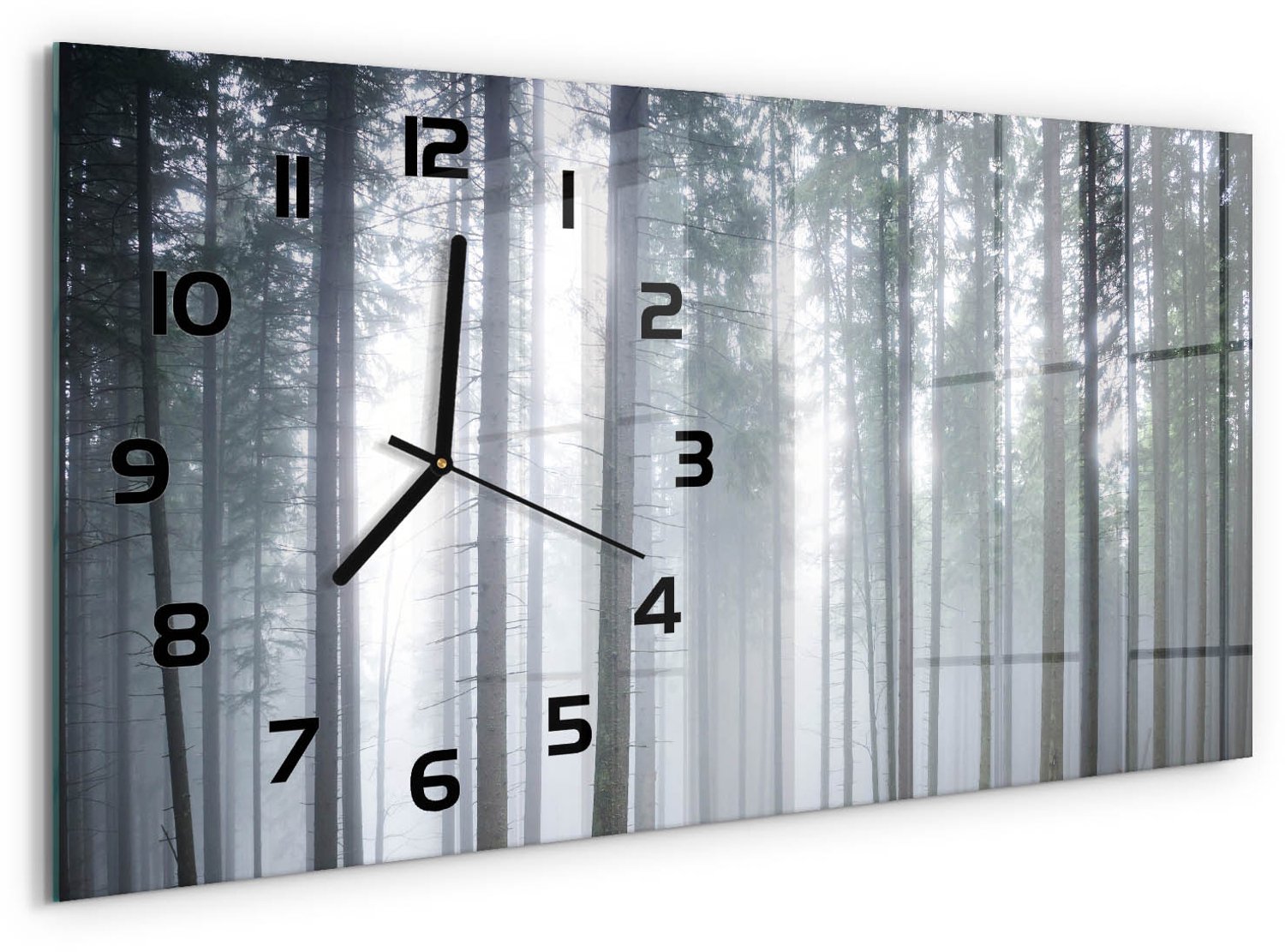 TULUP Wandklok - Mist in het bos Wandklok Glas Met Motief - 60x30 cm - Grijs Decoratieve Glazen Klok - Zwarte handen - Rechthoekige Klok - Gekleurde Glazen Klok - Glazen Klok Met Print
