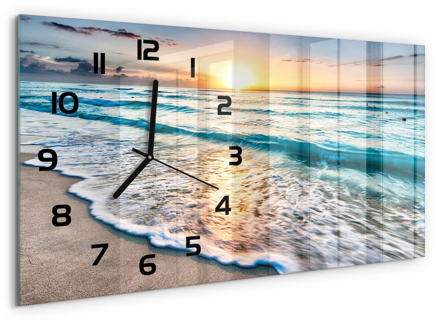 TULUP Wandklok - Zonsondergang op het strand Glazen Wandklok Design - 60x30 cm - Geel Klok Glas Met Opdruk - Zwarte handen - Rechthoekige Klok - Wandklok Glas Met Motief - Decoratieve Glazen Klok