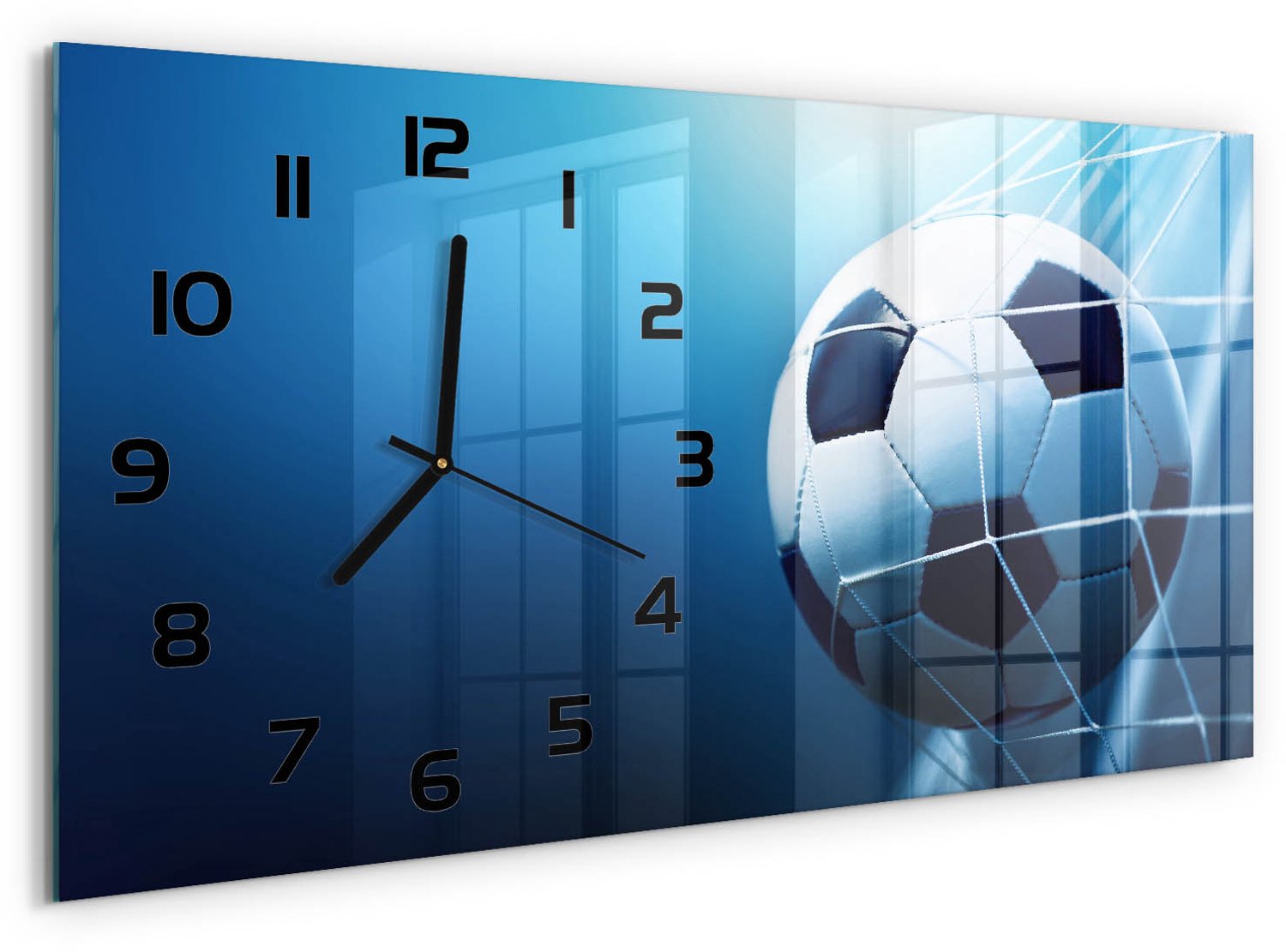 TULUP Wandklok - Bal in het doel Glazen Klok Met Print - 60x30 cm - Blauw Wandklok Glas Met Motief - Zwarte handen - Rechthoekige Klok - Wandklok Glas Decoratie - Gekleurde Glazen Klok