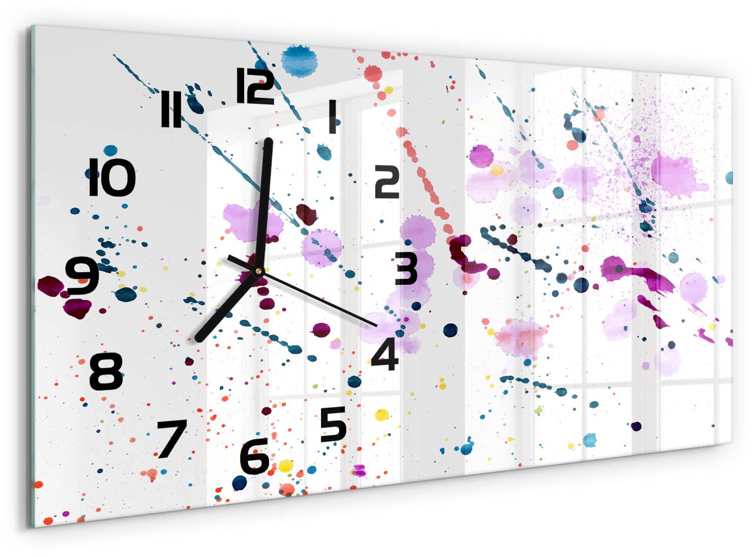 TULUP Wandklok - Abstracte vlekken Wandklok Glas Decoratie - 60x30 cm - Veelkleurig Gekleurde Glazen Klok - Zwarte handen - Rechthoekige Klok - Klok Glas Met Opdruk - Moderne Wandklok Glas