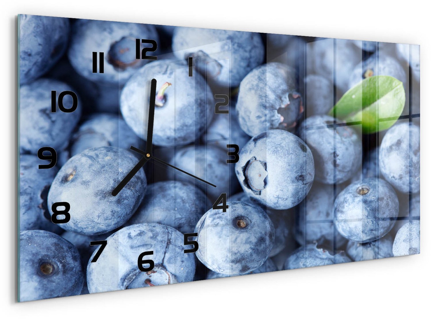 TULUP Wandklok - Bosbessen Decoratieve Glazen Klok - 60x30 cm - Blauw Glazen Wandklok Design - Zwarte handen - Rechthoekige Klok - Glazen Klok Met Print - Wandklok Glas Met Motief