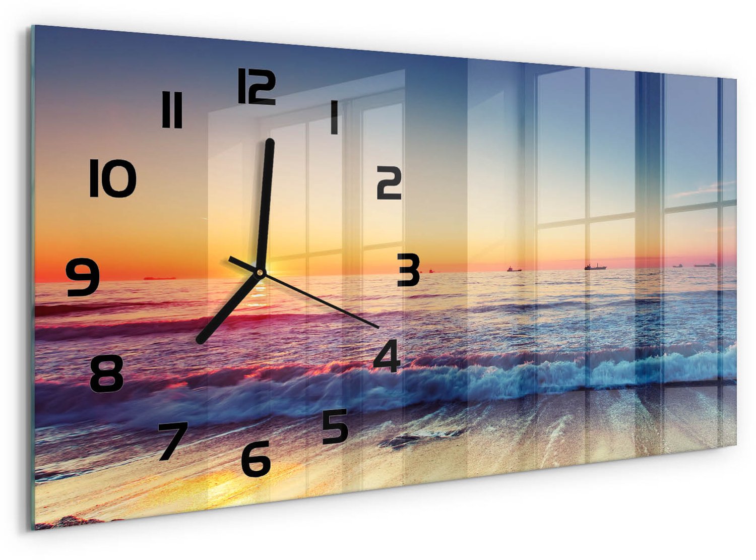 TULUP Wandklok - Zonsopgang boven de zee Gekleurde Glazen Klok - 60x30 cm - Oranje Glazen Klok Met Print - Zwarte handen - Rechthoekige Klok - Moderne Wandklok Glas - Wandklok Glas Decoratie