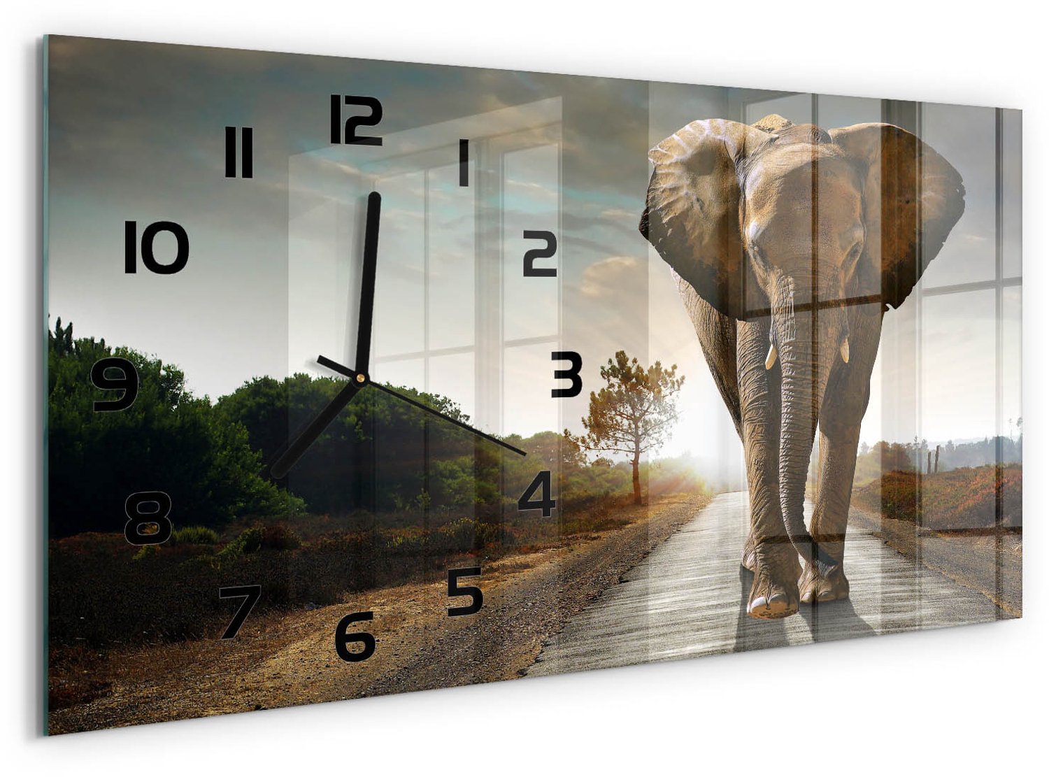 TULUP Wandklok - Wandelende olifant Glazen Klok Met Print - 60x30 cm - Bruin Wandklok Glas Met Motief - Zwarte handen - Rechthoekige Klok - Wandklok Glas Decoratie - Gekleurde Glazen Klok