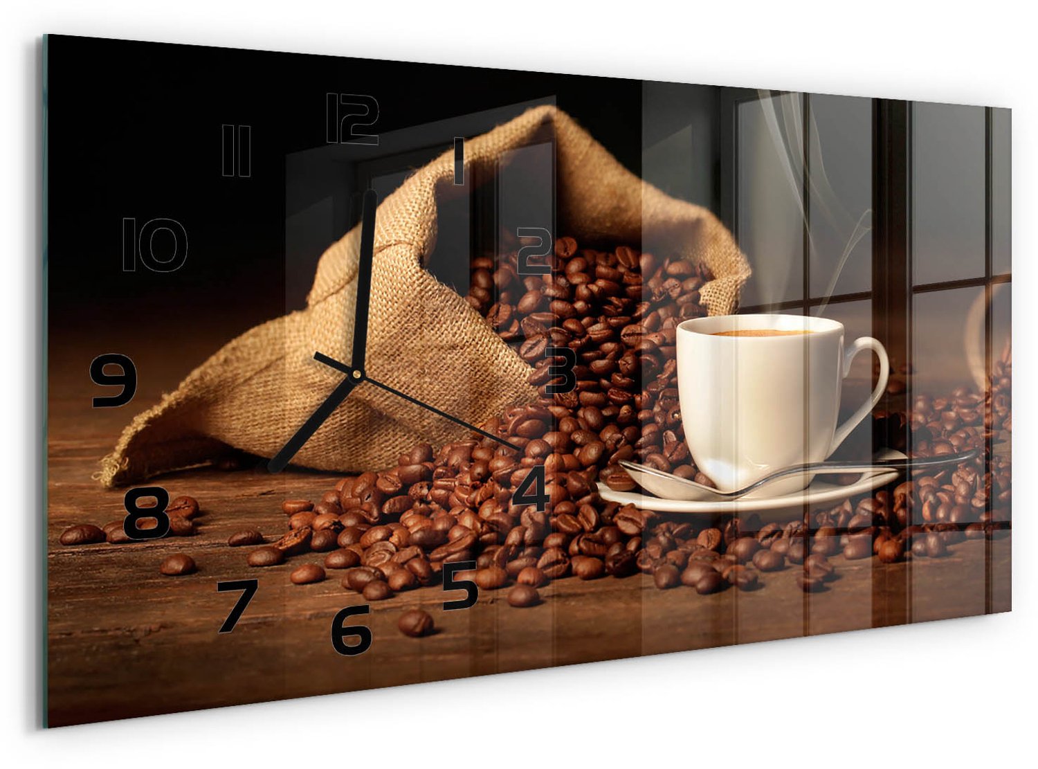 TULUP Wandklok - Koffie in een kopje Decoratieve Glazen Klok - 60x30 cm - Bruin Glazen Wandklok Design - Zwarte handen - Rechthoekige Klok - Glazen Klok Met Print - Wandklok Glas Met Motief