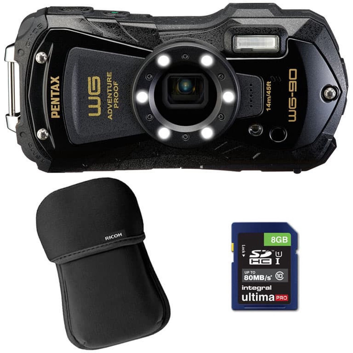 PENTAX Compact Waterproof WG-90 Schwarz + Tasche + 8GB SD-Karte